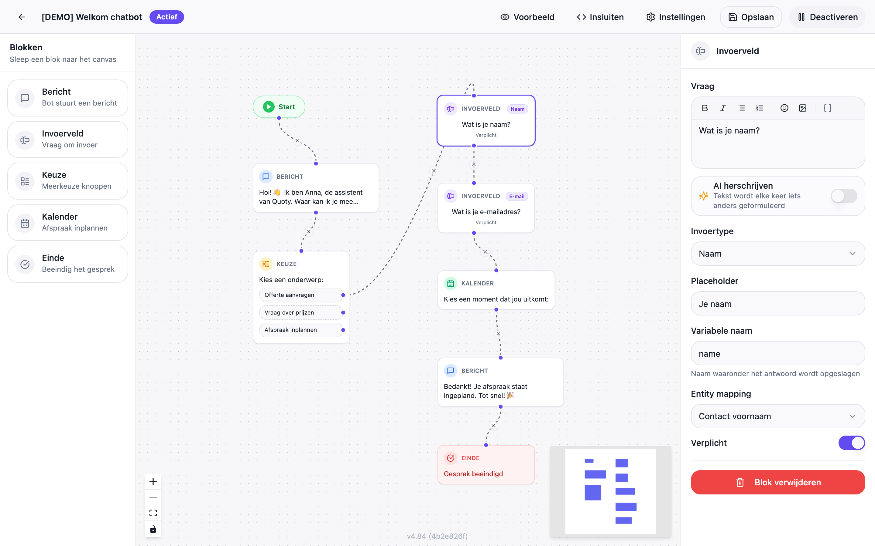 Quoty AI chatbot flow editor